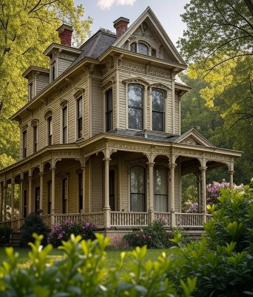 Yellow Victorian house with wraparound porch surrounded by lush green trees and purple flowering shrubs