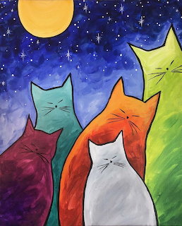 Whimsical painting of five colorful cats sitting under a yellow moon and stary night sky