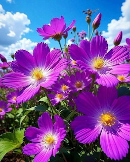 Close-up of purple cosmos flowers with yellow centers bloming against a blue sky