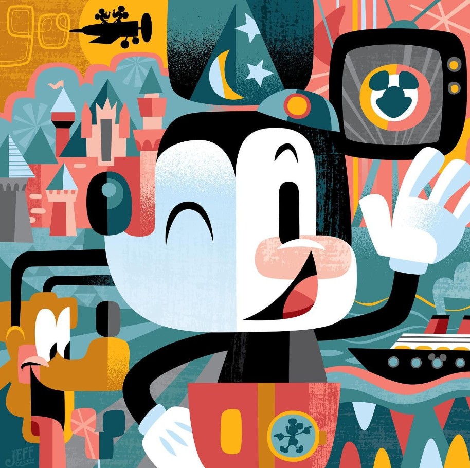 Geometric Mickey Mouse illustration with colorful Disney elements and abstract shapes