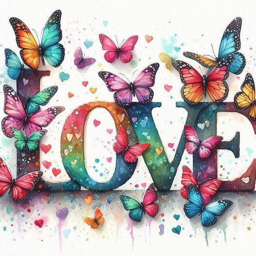 Colorful LOVE lettering with butterflies and tiny hearts in a watercolor style