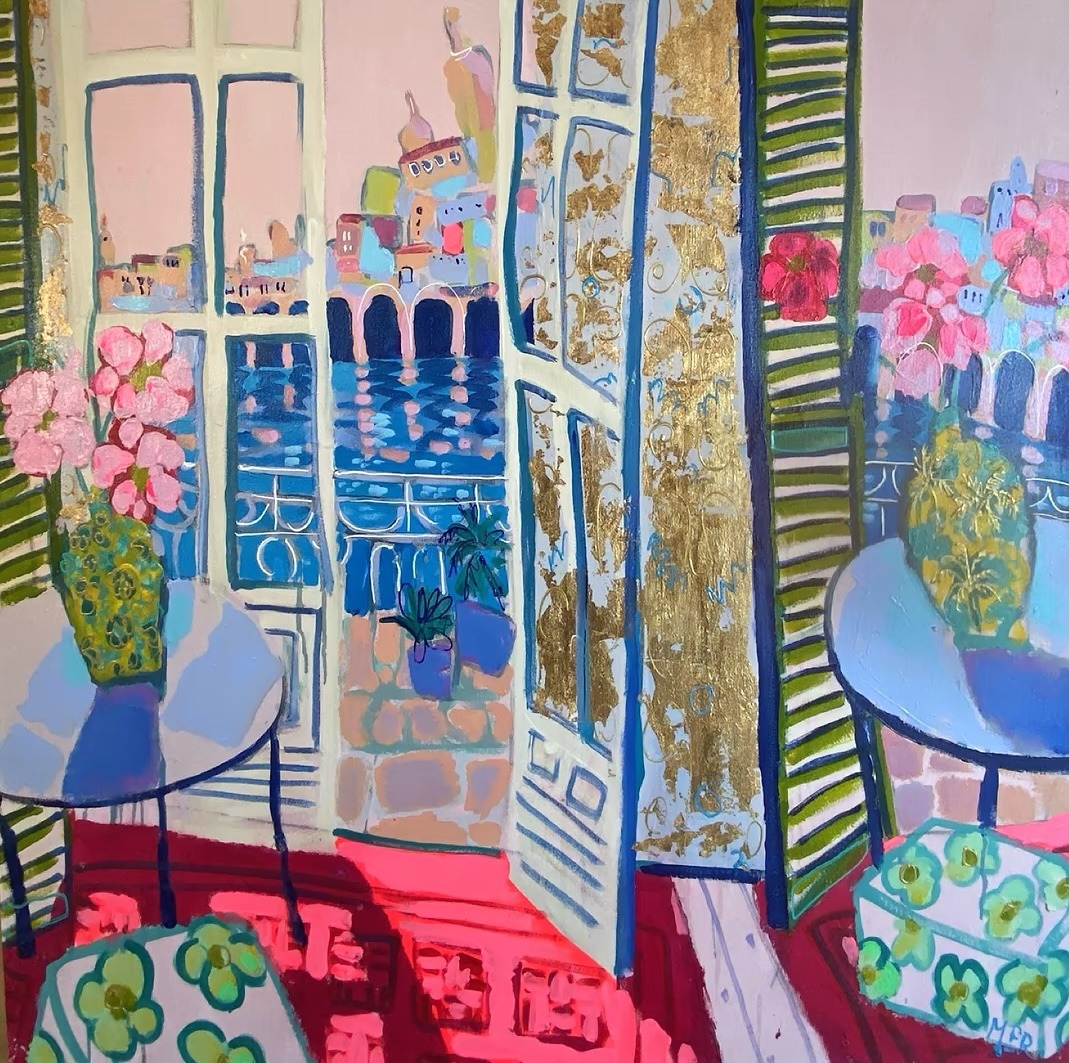 Vibrant interior painting with oriental vases, pink flowers, patterned doors and furniture in blue, pink and green tones
