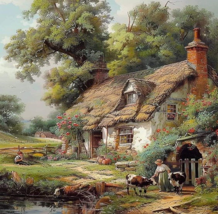 Thatched cottage by stream with cattle and garden in countryside