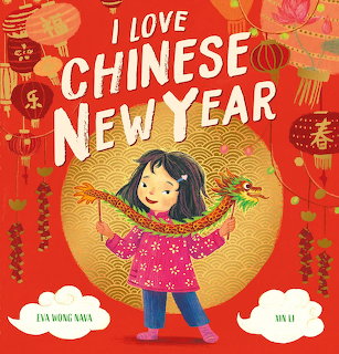 Cartoon girl in pink outfit celebrating Chinese New Year with red lanterns and decorations