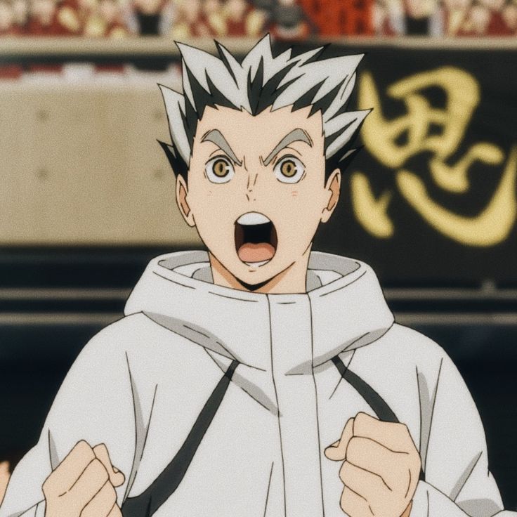 Anime character Bokuto with spiky gray hair and white hoodie, looking surprised