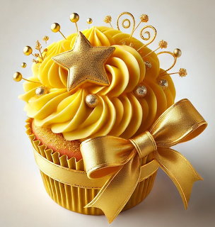 Golden cupcake with star decoration and ribbon bow