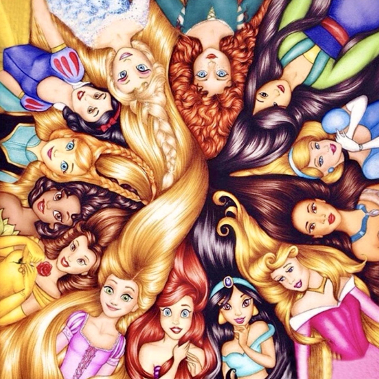 Disney princesses arranged in a circle with their hair flowing outward from the center in a radial pattern