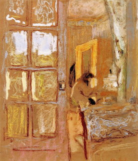 Post-Impressionist painting of woman in sunlit interior room with window