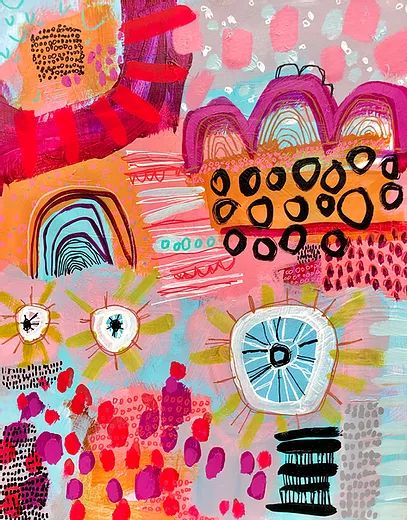 Colorful abstract collage with rainbow arches, dots, patterns and mixed media elements