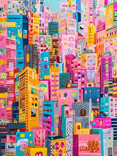 Colorful illustration of a dense city with tall buildings in pink, orange, yellow, and blue tones