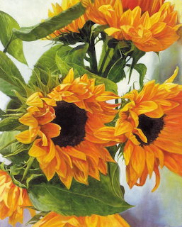 Watercolor painting of bright sunflowers with yellow-orange petals and dark centers