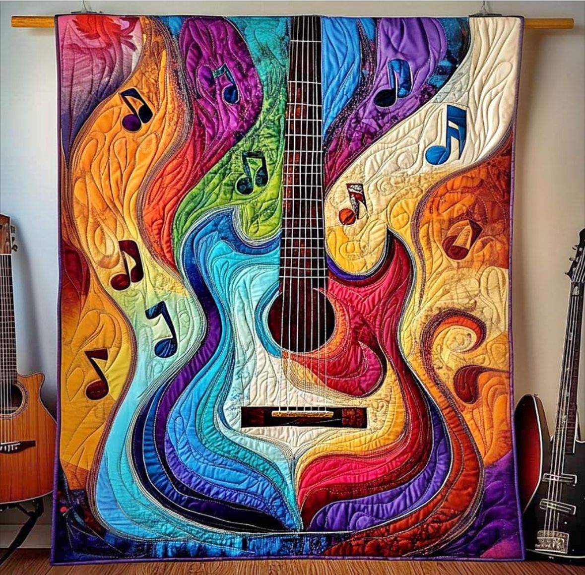 Colorful quilted wall hanging with rainbow guitar design and swirling musical note patterns