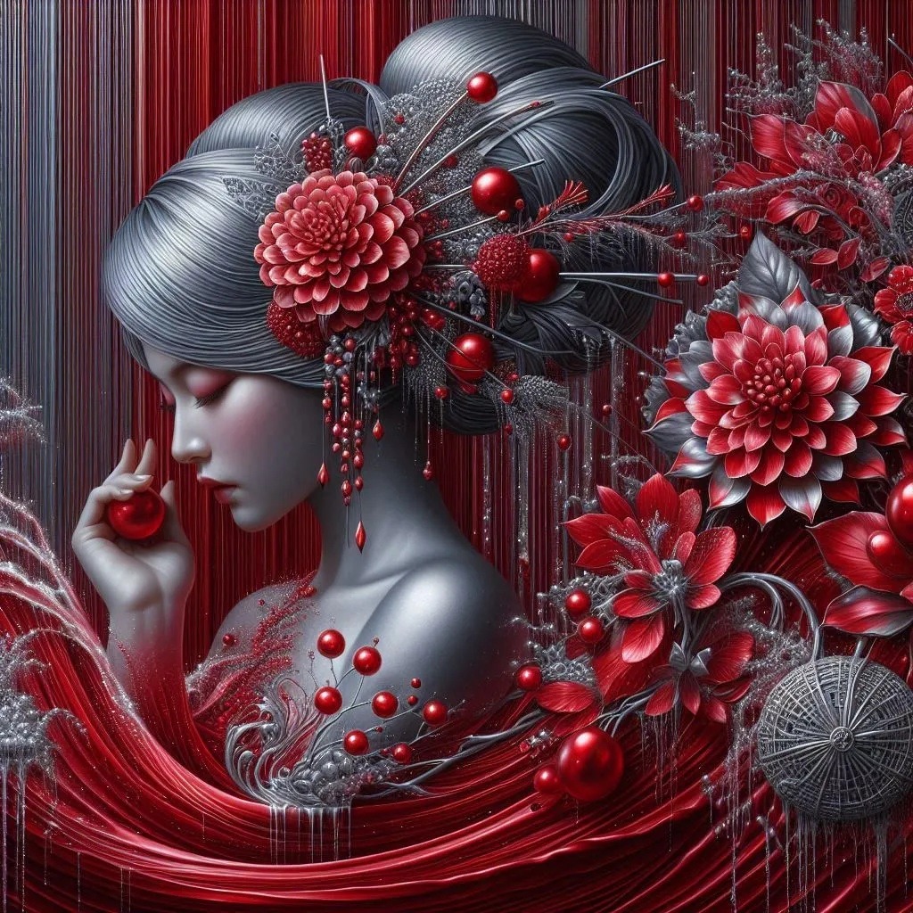 Surreal portrait of a silver-haired woman with red flowers and berries on a dark red background