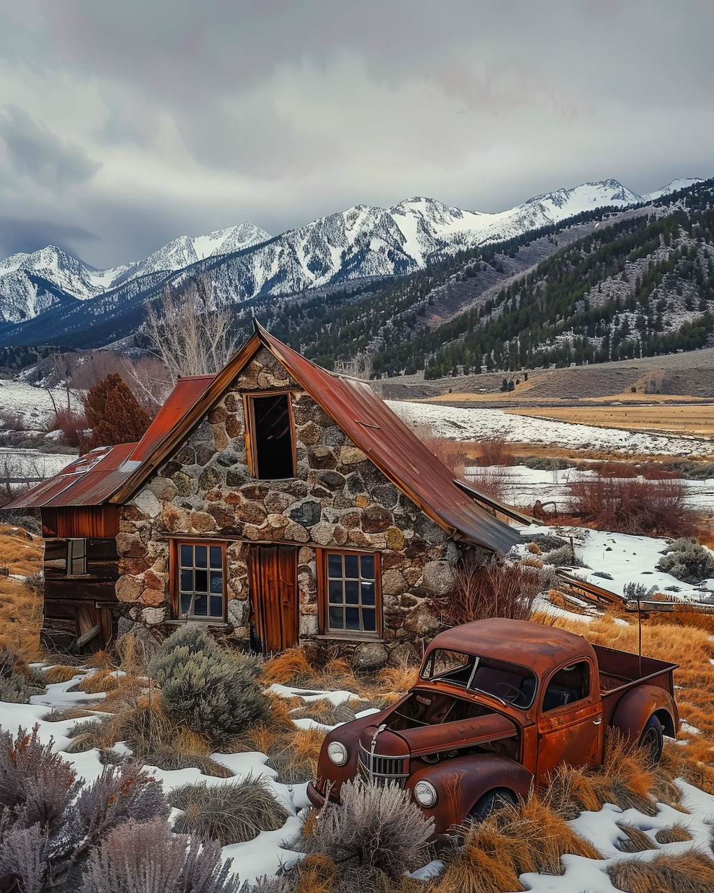 Rustic stone cabin and old pickup truck in a snowy mountain valley