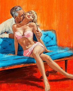 Vintage pulp illustration of a man kissing a blonde woman in pink lingerie on a blue couch