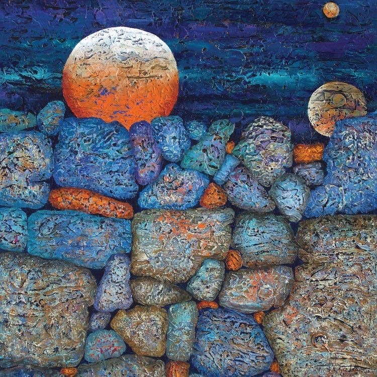Abstract painting of stacked rocks beneath blue sky with orange moon and smaller celestial bodies