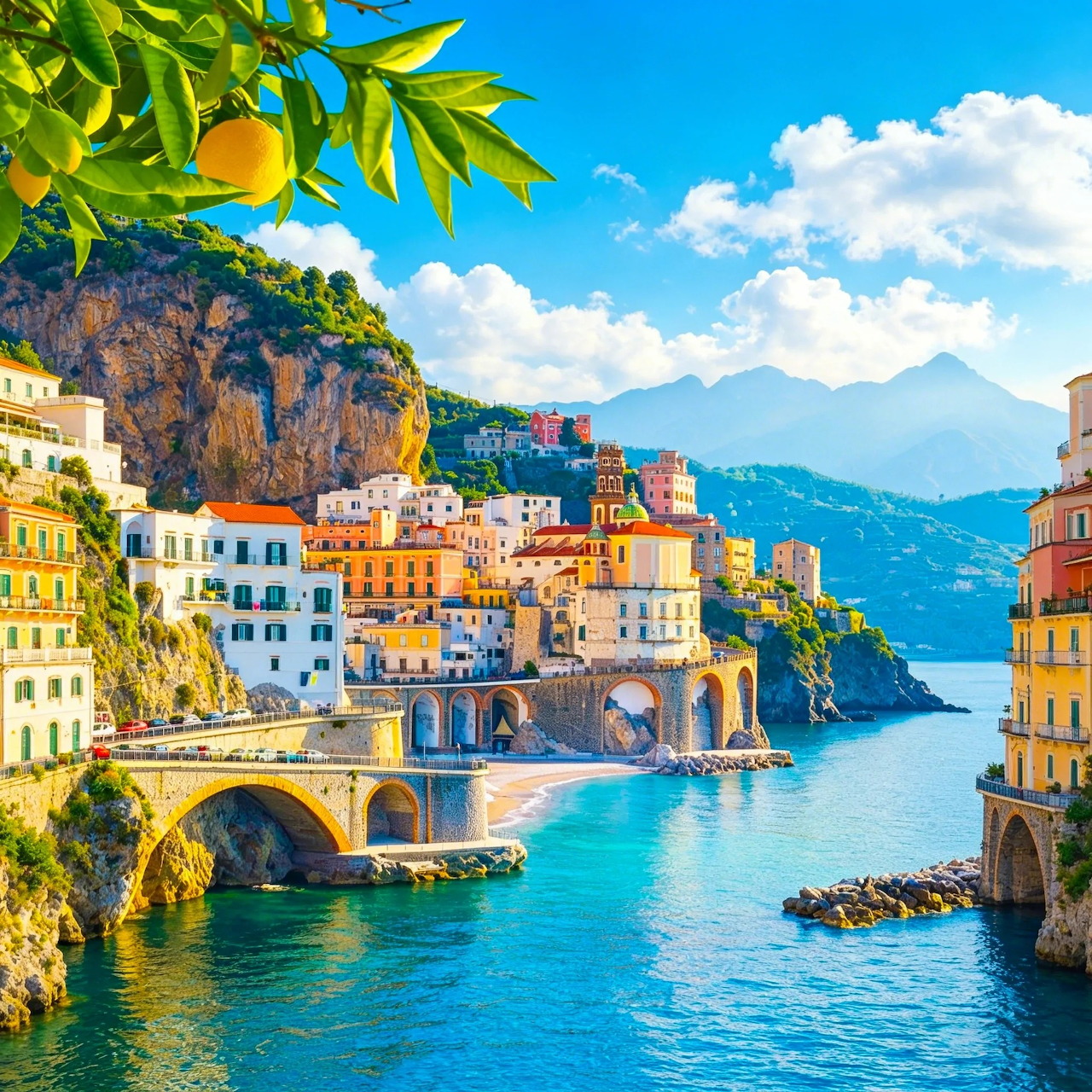 Vibrant Italian coastal village with pastel buildings cascading down cliffs beside turquoise sea and mountains