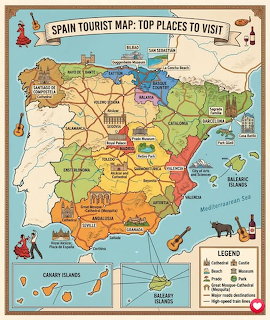Colorful illustrated tourist map of Spain with regional divisions, landmarks, and decorative cultural icons
