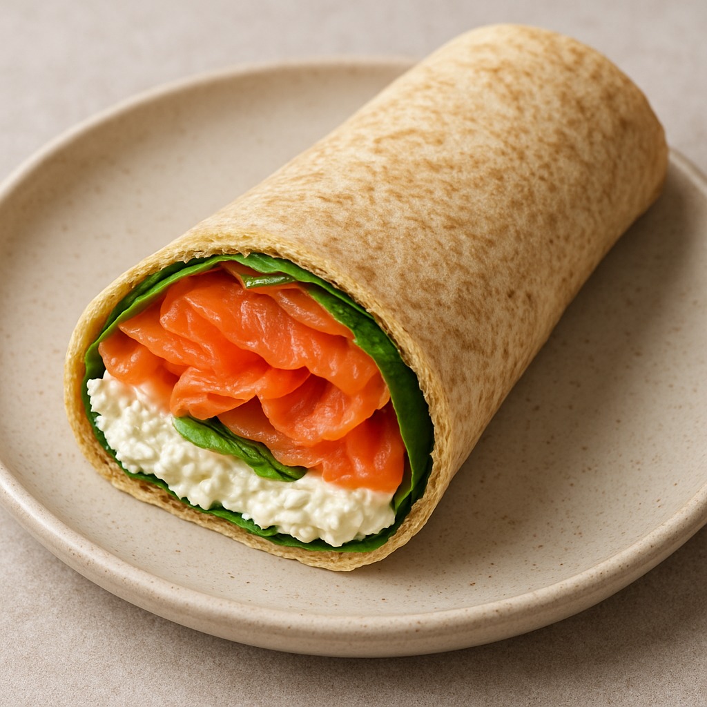 Whole wheat wrap filled with salmon, cream cheese, and spinach on a plate
