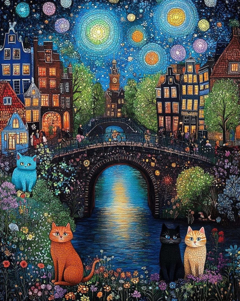Two cats sit beside a glowing bridge under a swirling starry sky with colorful planets and charming village buildings