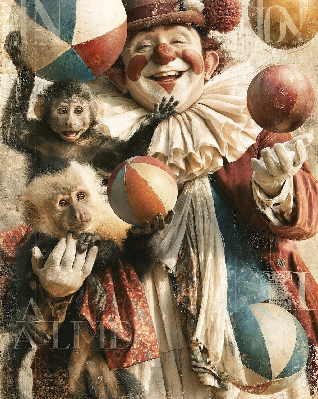 Vintage-style clown with two monkeys and juggling balls
