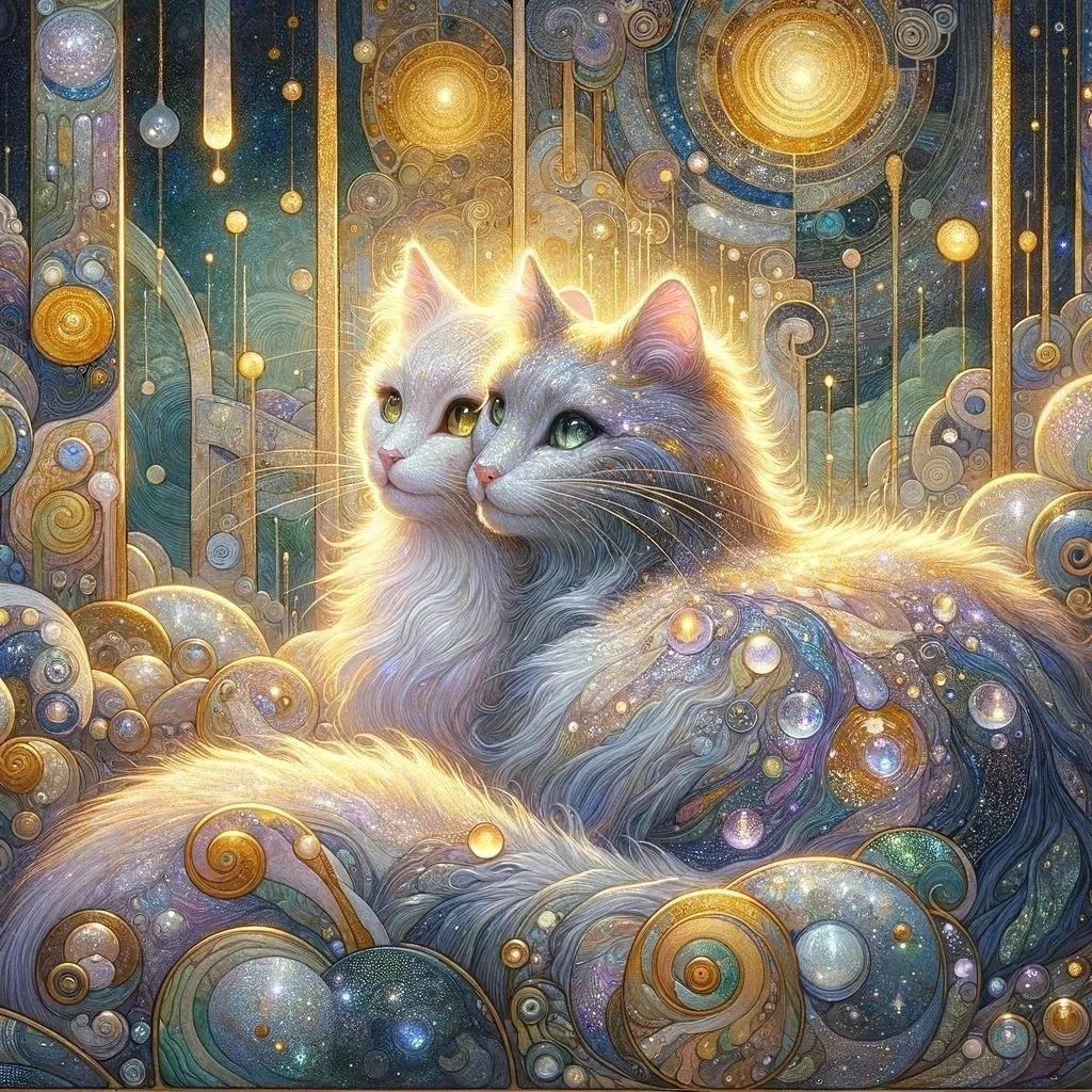 White cat in mystical setting with cosmic swirls, golden orbs, and starry night sky background