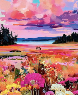 Colorful painting of wildflowers by a lake at sunset with pink and purple sky