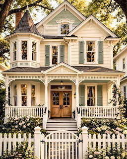 White Victorian house with wraparound porch, turret, ornate details, and white picket fence