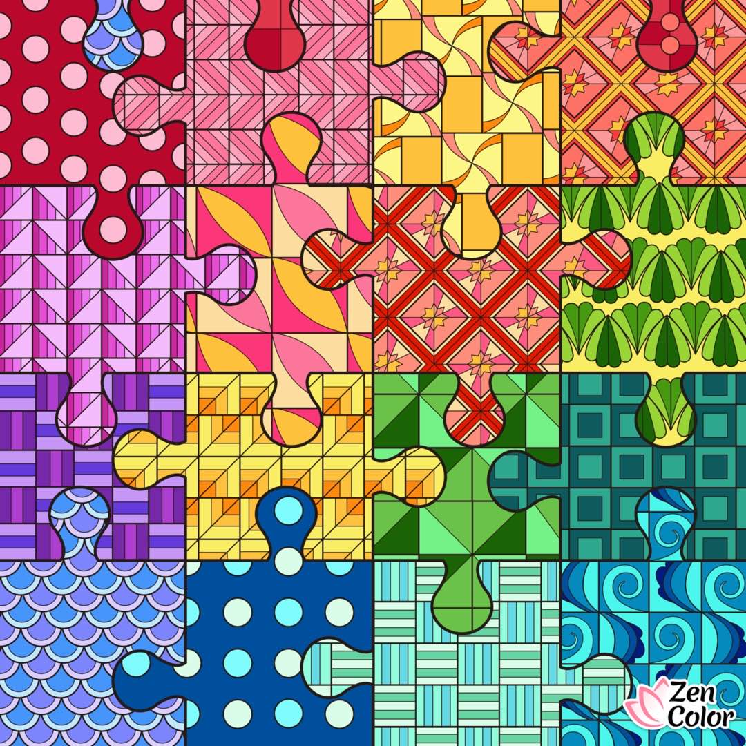 Grid of rainbow-colored jigsaw puzzle pieces with different patterns in each square section