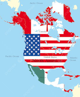 Illustrated map of North America with the flags of Canada, the United States, and Mexico