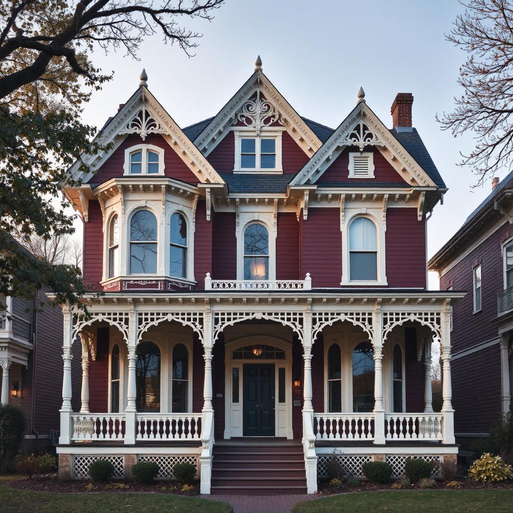 Victorian mansion with burgundy exterior, white decorative trim, multiple peaked gables, and wraparound porch
