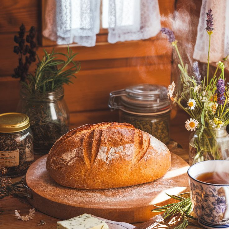 Rustic loaf of bread on a wooden board with jars, herbs, and wildflowers