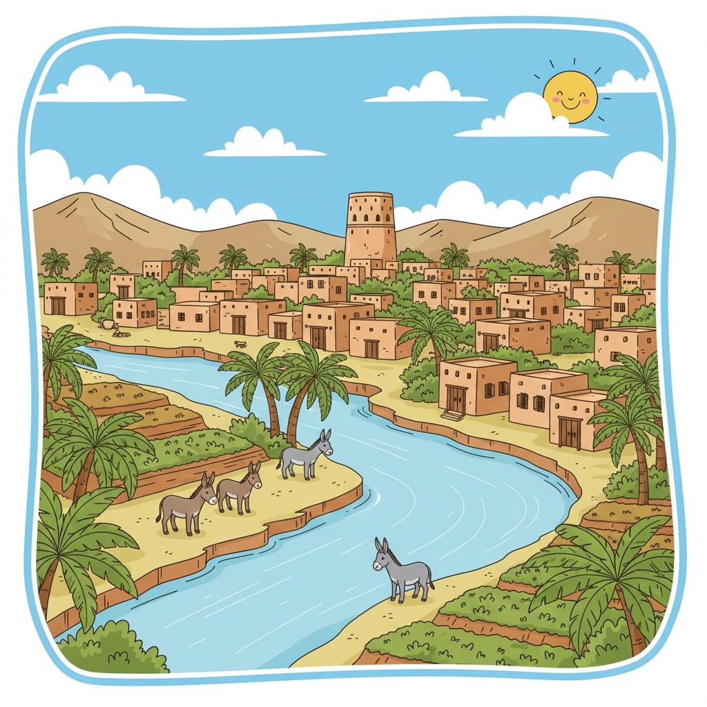 Illustrated desert village with river, palm trees, mountains and blue sky