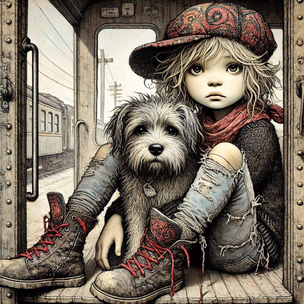 Illustrated child in cap and boots sitting with shaggy dog on wooden porch