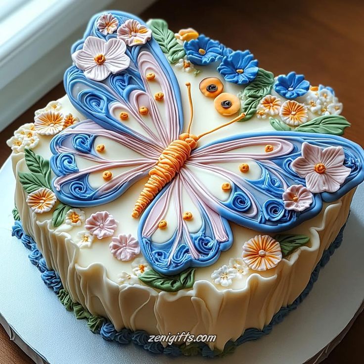 Decorative cake topped with colorful quilled paper butterfly and flowers