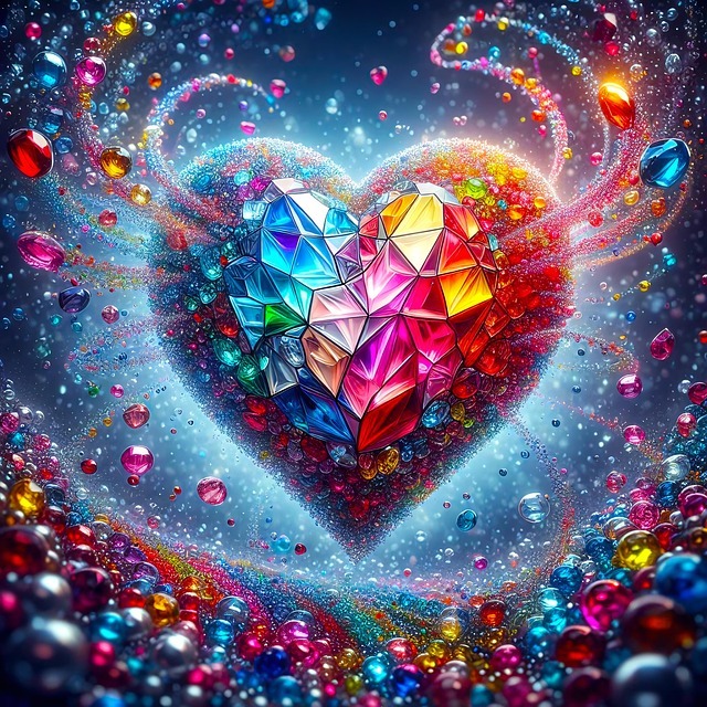 Faceted rainbow heart with sparkling swirls and colorful gem-like beads