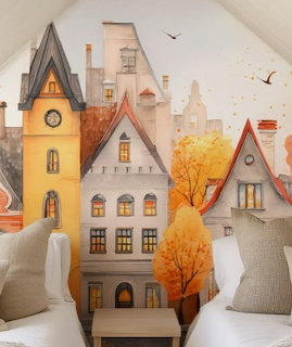 Colorful illustrated houses with orange autumn trees and flying birds in a charming European village street