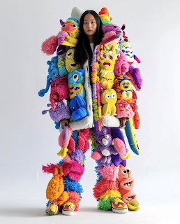 Woman with long black hair wearing a coat entirely covered in colorful stuffed toy creatures
