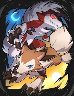 Anime-style illustration of two Lycanroc Pokemon forms posed over a dark moonlit background