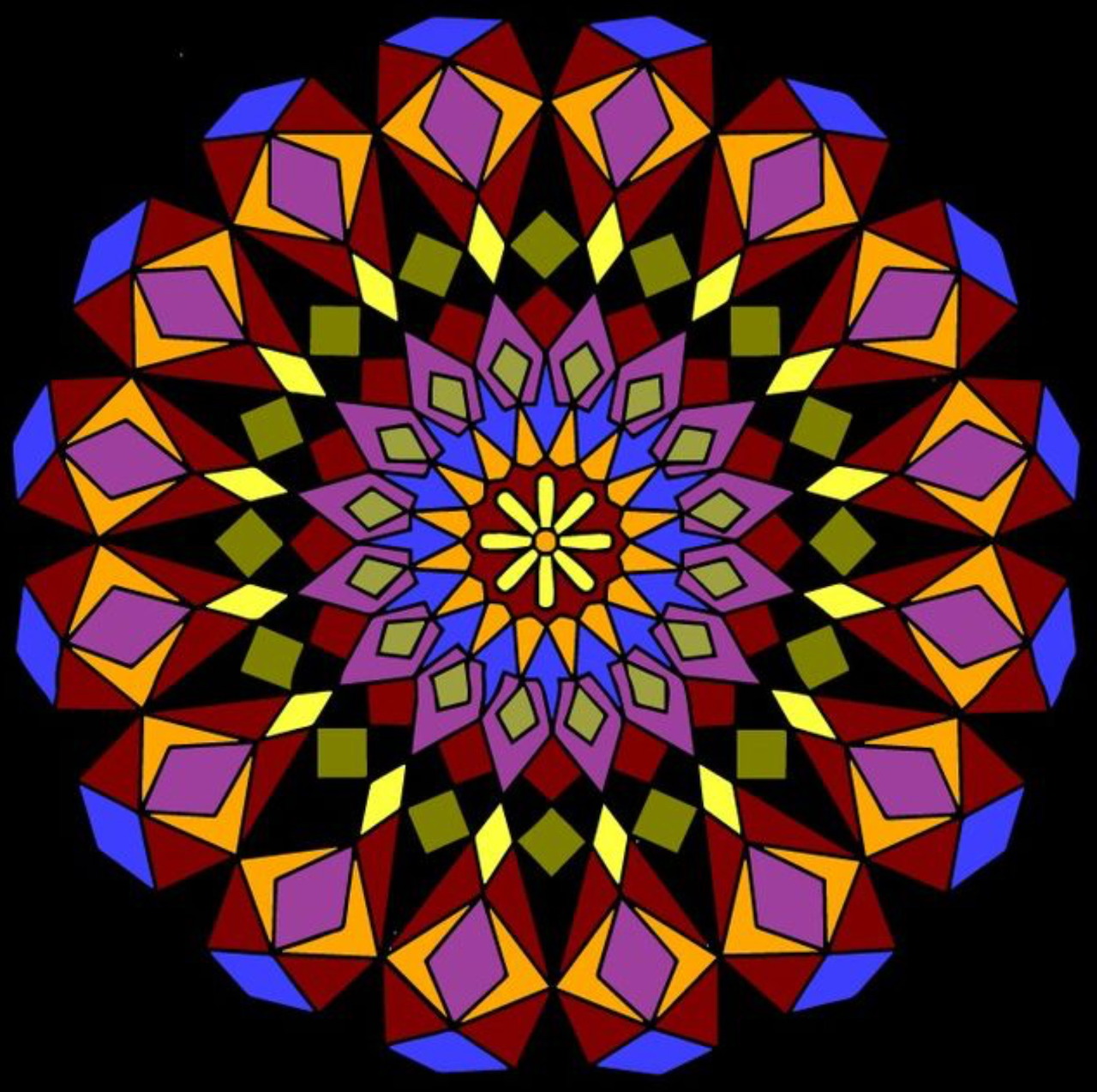 Symmetrical mandala with colorful geometric shapes radiating from golden center