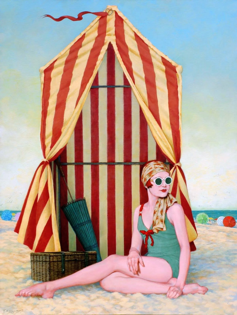 Vintage illustration of a woman in a blue swimsuit sitting beside a striped beach tent on the sand
