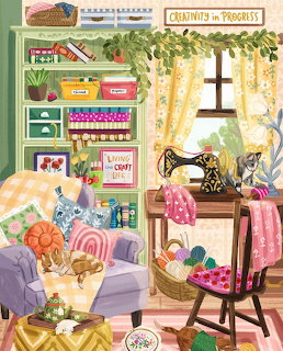 Bright craft room with purple chair, antique sewing machine, shelves of supplies, and floral curtains by window