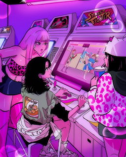 Anime girls playing at neon-lit arcade cabinets, including a Street Fighter machine