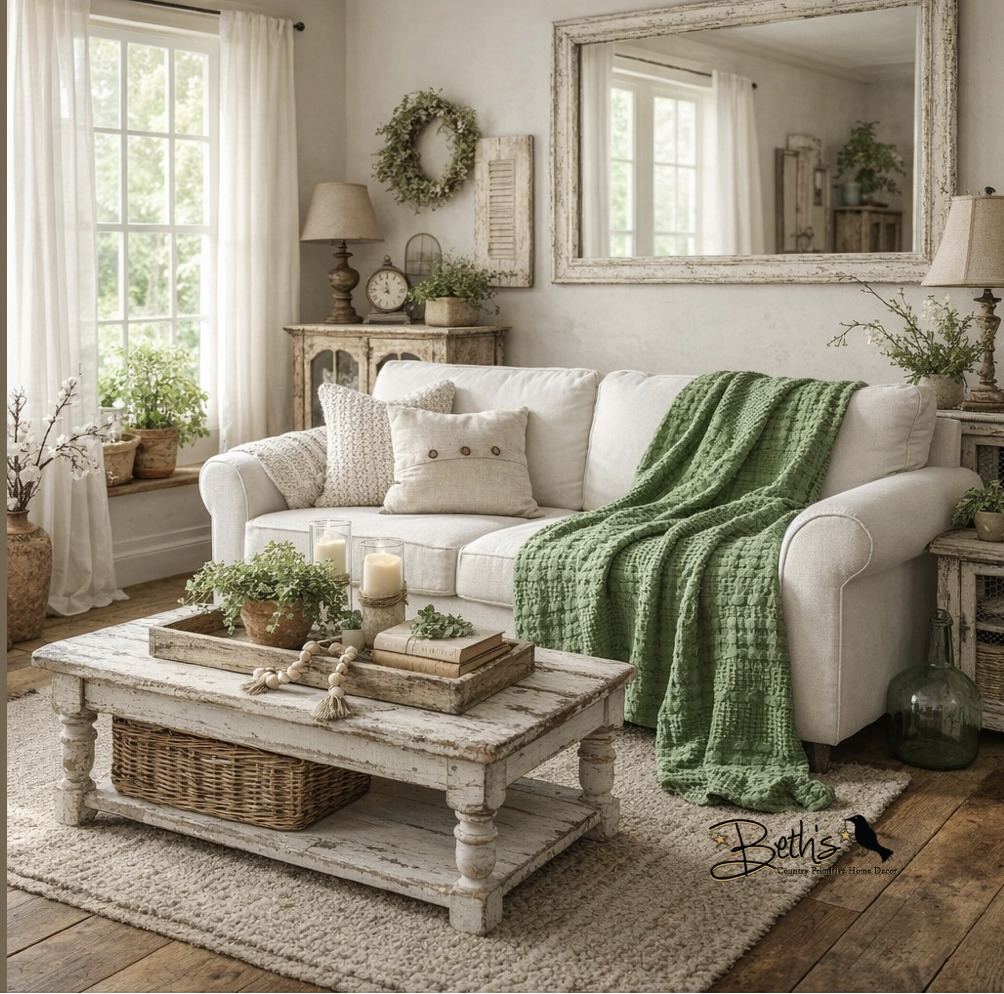 Cozy farmhouse living room with white couch, green throw, wooden coffee table, and large mirror above mantel
