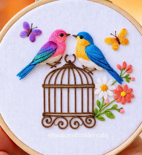 Colorful embroidered birds, flowers, and birdcage on white fabric in an embroidery hoop