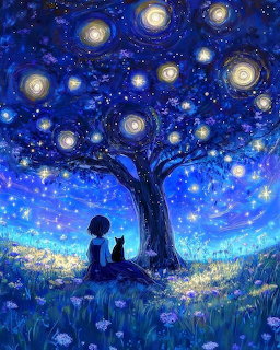 Silhouette of person and cat under luminous tree with swirling starry night sky in blue and purple tones