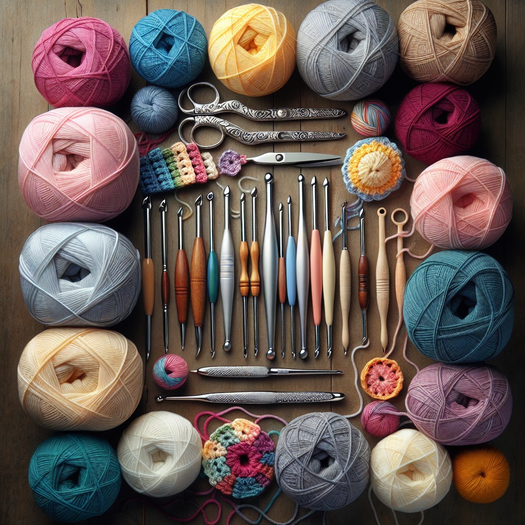 Assorted yarn balls in pastel colors surrounding crochet hooks and crafting tools on wood background