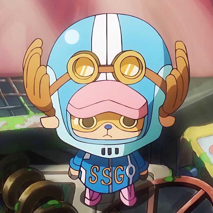 Chibi anime character Chopper in blue helmet and sports jersey with large round goggles