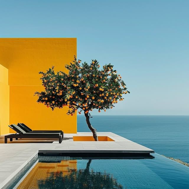 Modern yellow seaside villa with infinity pool, lounge chairs, flowering tree, and ocean horizon