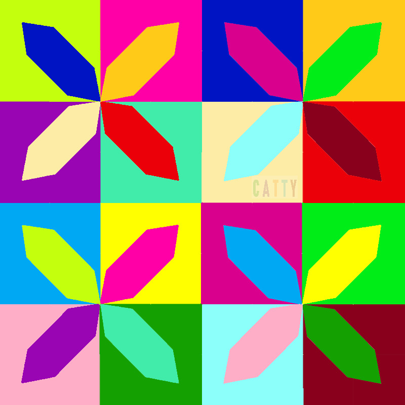 Geometric pattern of stylized flowers in bright colors arranged in grid squares